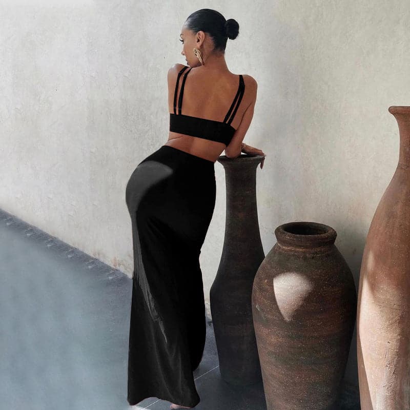 Spaghetti Strap V-Neck Waist Cut Out High Split Bodycon Maxi Dress
