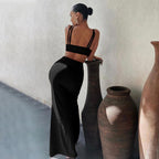 Spaghetti Strap V-Neck Waist Cut Out High Split Bodycon Maxi Dress