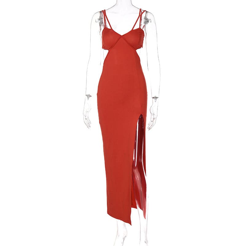 Spaghetti Strap V-Neck Waist Cut Out High Split Bodycon Maxi Dress