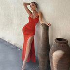 Spaghetti Strap V-Neck Waist Cut Out High Split Bodycon Maxi Dress