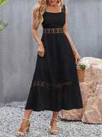 Lace Panel Square Neck Spaghetti Strap Tiered Ruffle Midi Dress