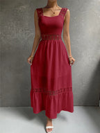 Lace Panel Square Neck Spaghetti Strap Tiered Ruffle Midi Dress