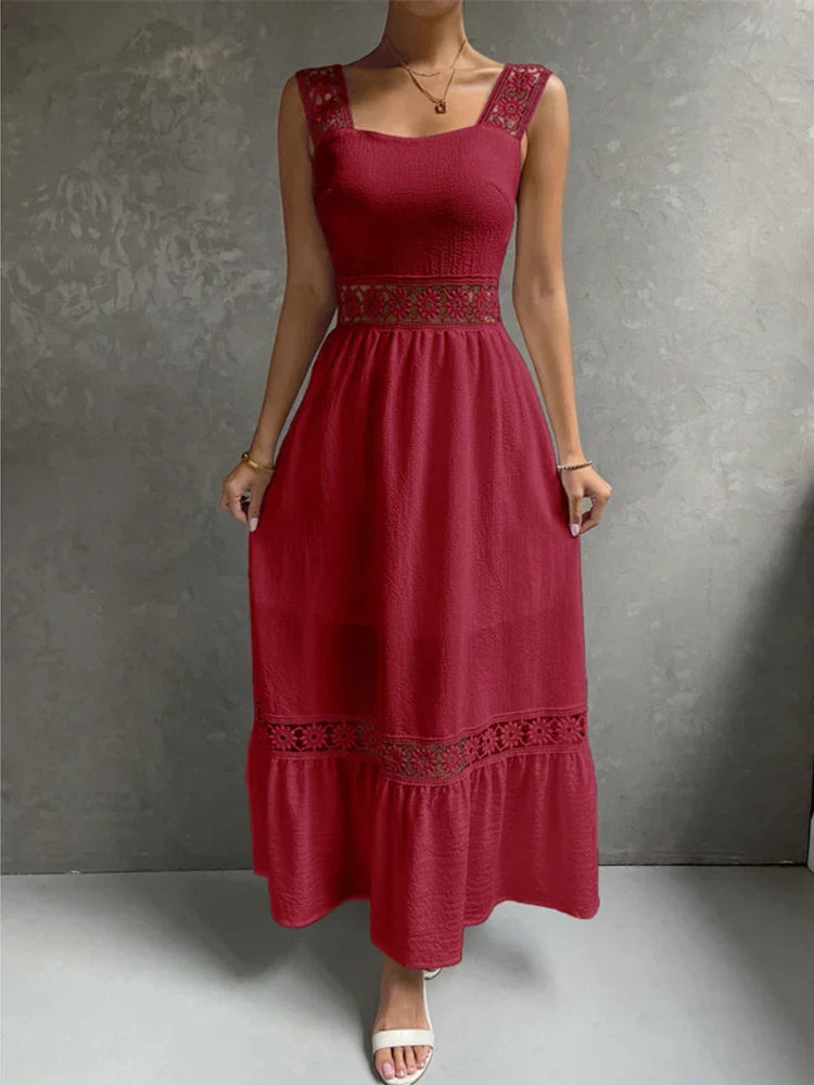 Lace Panel Square Neck Spaghetti Strap Tiered Ruffle Midi Dress
