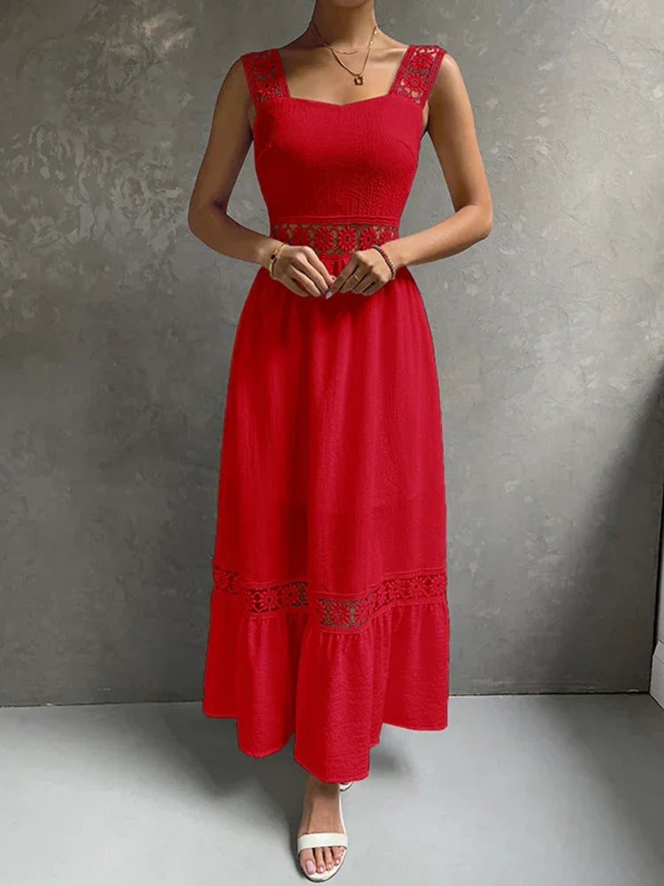 Lace Panel Square Neck Spaghetti Strap Tiered Ruffle Midi Dress