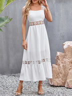 Lace Panel Square Neck Spaghetti Strap Tiered Ruffle Midi Dress