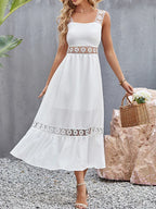 Lace Panel Square Neck Spaghetti Strap Tiered Ruffle Midi Dress