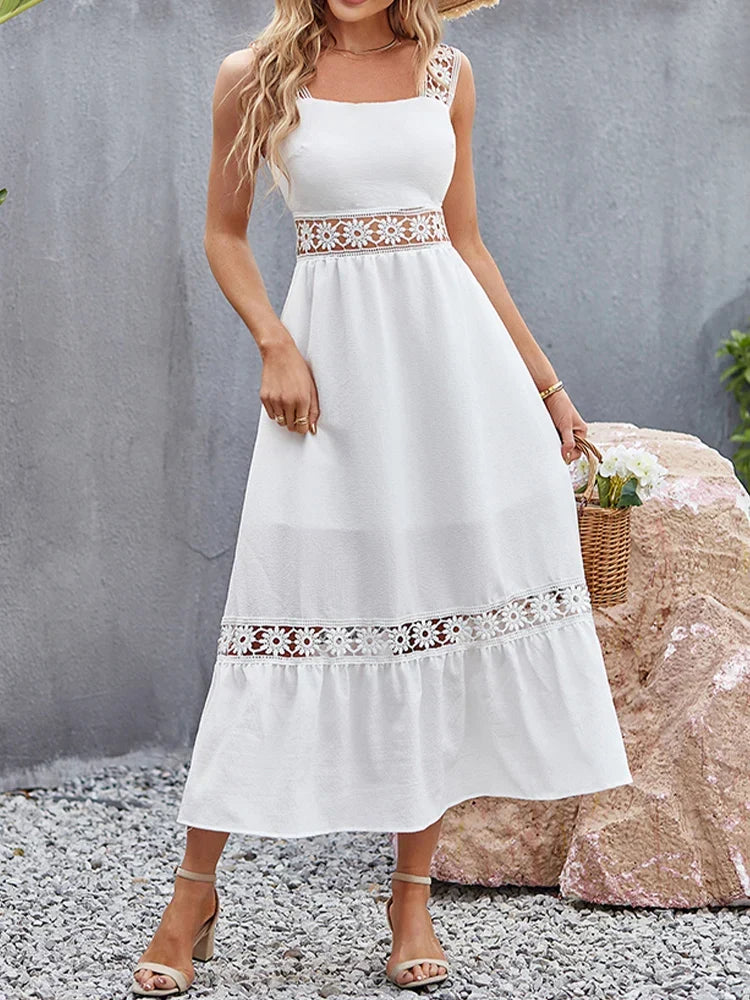 Lace Panel Square Neck Spaghetti Strap Tiered Ruffle Midi Dress