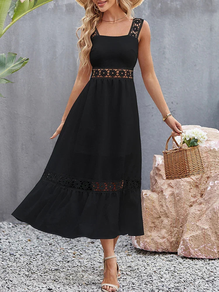 Lace Panel Square Neck Spaghetti Strap Tiered Ruffle Midi Dress