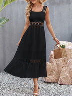 Lace Panel Square Neck Spaghetti Strap Tiered Ruffle Midi Dress