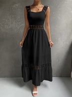 Lace Panel Square Neck Spaghetti Strap Tiered Ruffle Midi Dress