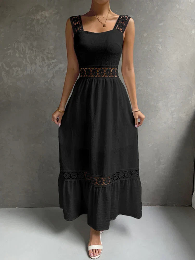 Lace Panel Square Neck Spaghetti Strap Tiered Ruffle Midi Dress
