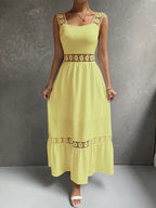 Lace Panel Square Neck Spaghetti Strap Tiered Ruffle Midi Dress