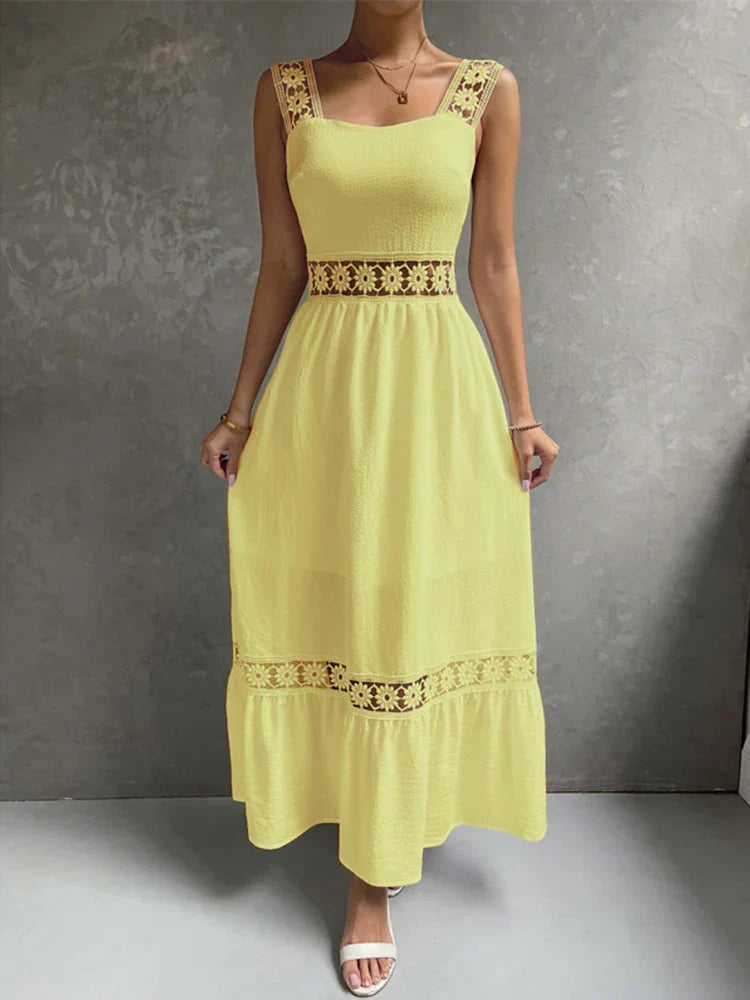 Lace Panel Square Neck Spaghetti Strap Tiered Ruffle Midi Dress