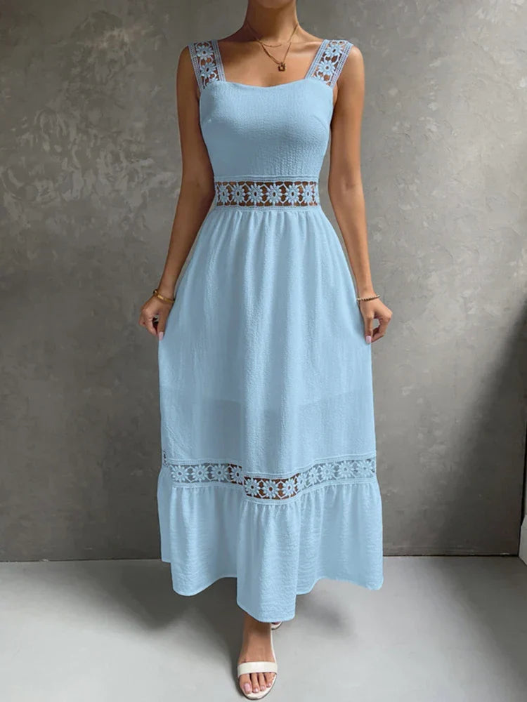 Lace Panel Square Neck Spaghetti Strap Tiered Ruffle Midi Dress