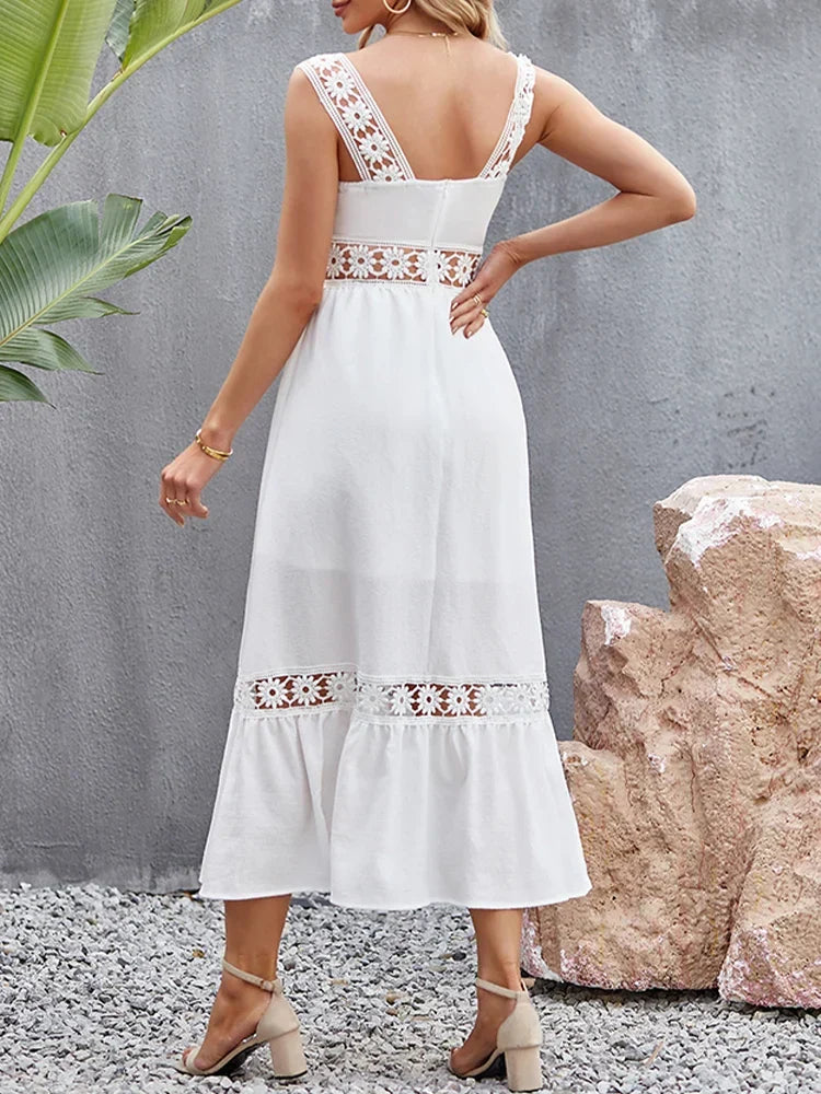 Lace Panel Square Neck Spaghetti Strap Tiered Ruffle Midi Dress
