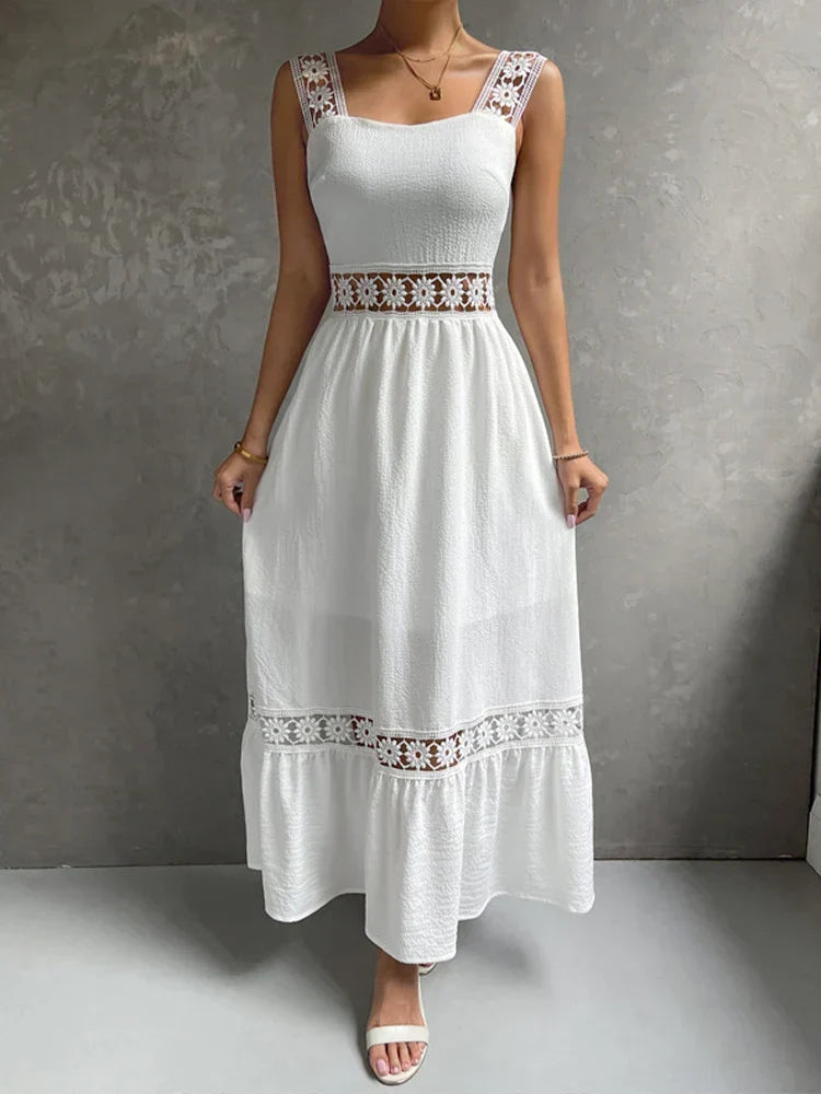 Lace Panel Square Neck Spaghetti Strap Tiered Ruffle Midi Dress