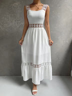 Lace Panel Square Neck Spaghetti Strap Tiered Ruffle Midi Dress
