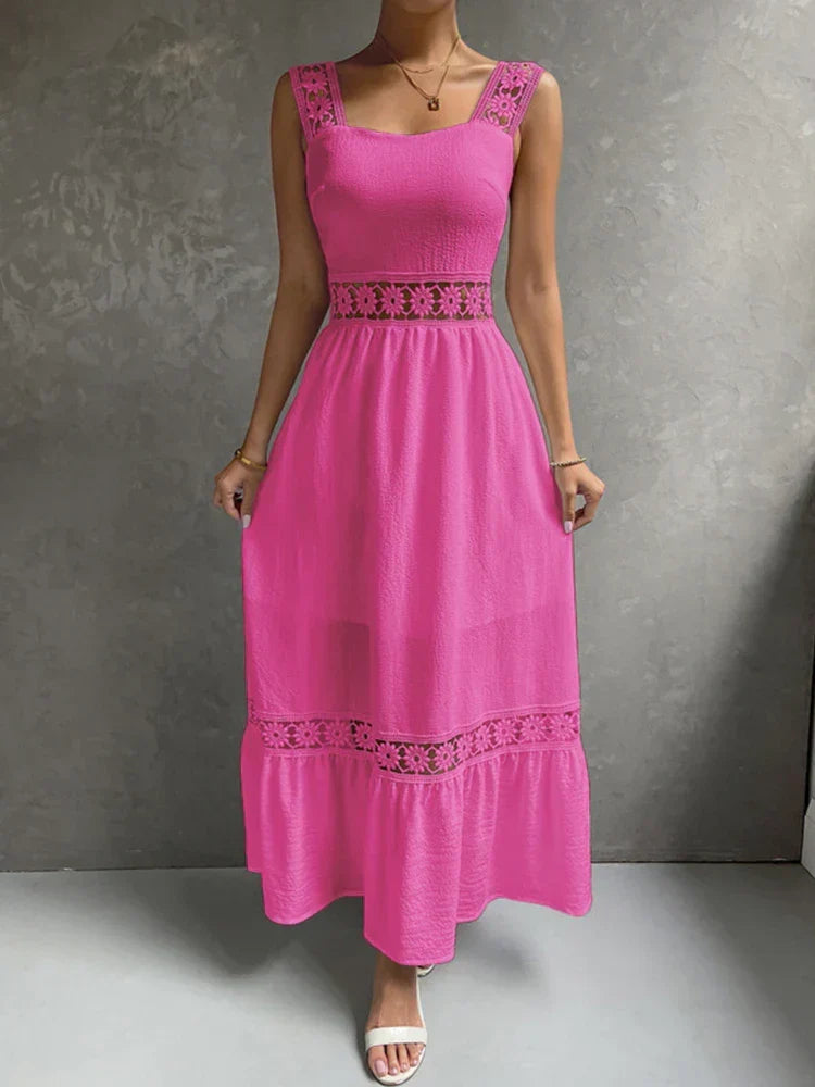 Lace Panel Square Neck Spaghetti Strap Tiered Ruffle Midi Dress