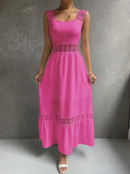 Lace Panel Square Neck Spaghetti Strap Tiered Ruffle Midi Dress
