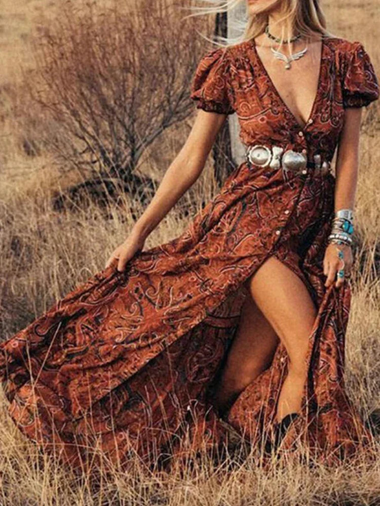 Paisley Print Deep V-Neck Puff Sleeve Button Front High Split Boho Maxi Dress