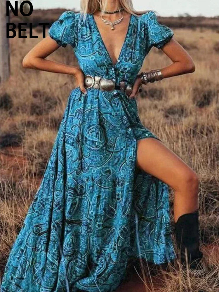 Paisley Print Deep V-Neck Puff Sleeve Button Front High Split Boho Maxi Dress
