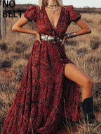 Paisley Print Deep V-Neck Puff Sleeve Button Front High Split Boho Maxi Dress