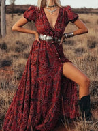 Paisley Print Deep V-Neck Puff Sleeve Button Front High Split Boho Maxi Dress