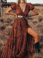 Paisley Print Deep V-Neck Puff Sleeve Button Front High Split Boho Maxi Dress