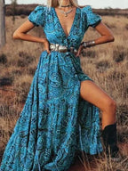 Paisley Print Deep V-Neck Puff Sleeve Button Front High Split Boho Maxi Dress