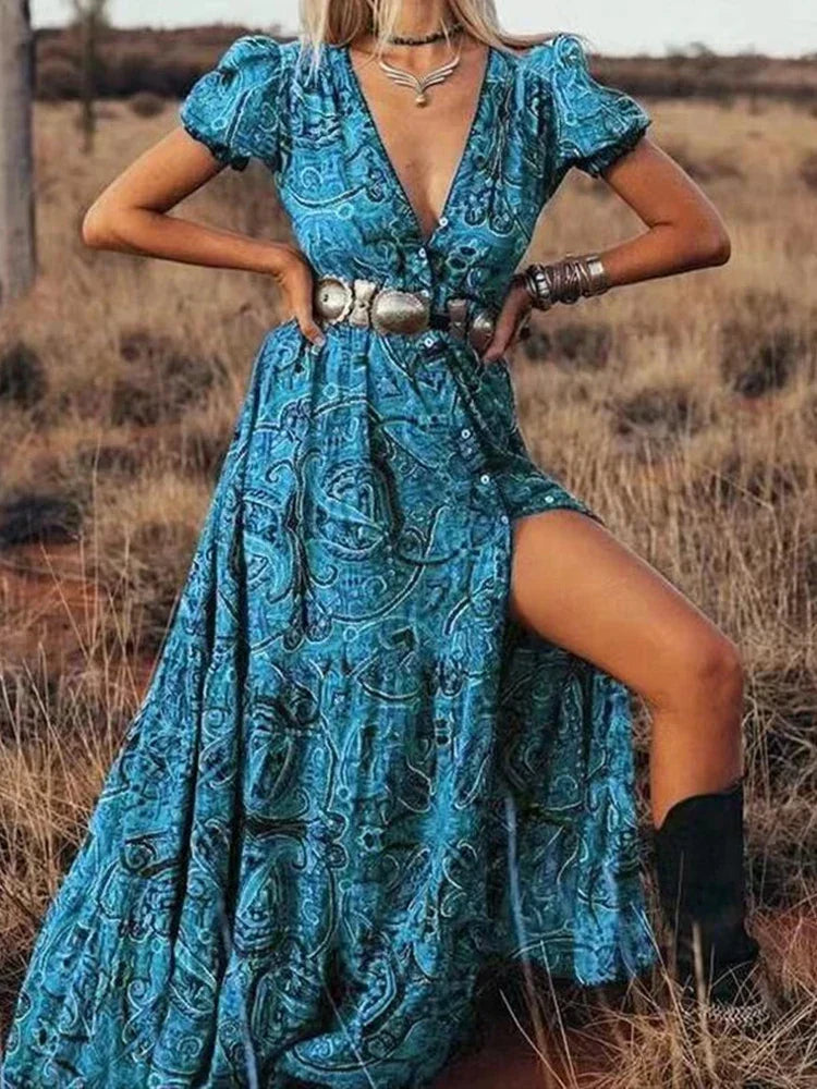 Paisley Print Deep V-Neck Puff Sleeve Button Front High Split Boho Maxi Dress