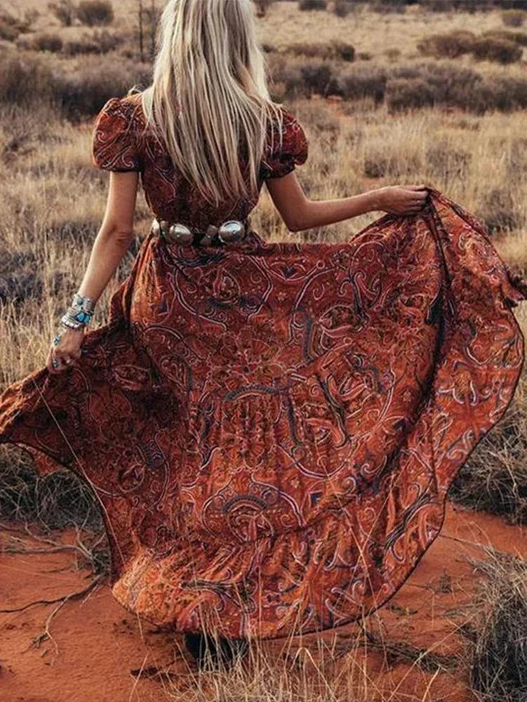 Paisley Print Deep V-Neck Puff Sleeve Button Front High Split Boho Maxi Dress