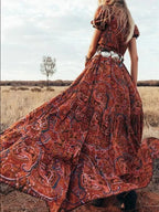 Paisley Print Deep V-Neck Puff Sleeve Button Front High Split Boho Maxi Dress