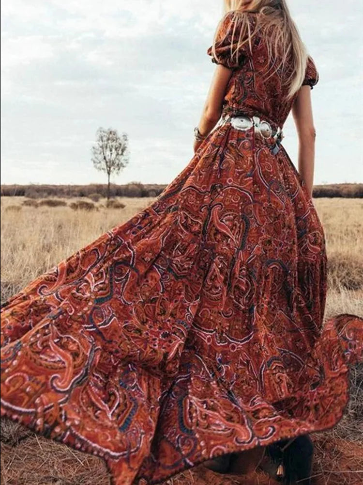 Paisley Print Deep V-Neck Puff Sleeve Button Front High Split Boho Maxi Dress