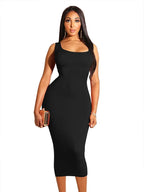 Scoop Neck Wide Strap Sleeveless Column Bodycon Midi Dress