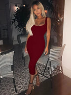 Scoop Neck Wide Strap Sleeveless Column Bodycon Midi Dress