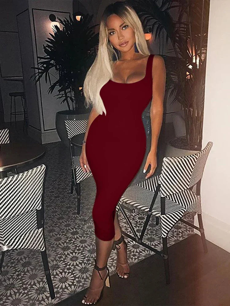 Scoop Neck Wide Strap Sleeveless Column Bodycon Midi Dress