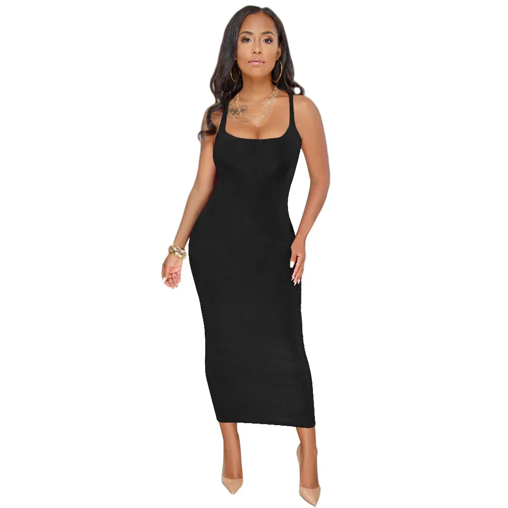Scoop Neck Wide Strap Sleeveless Column Bodycon Midi Dress