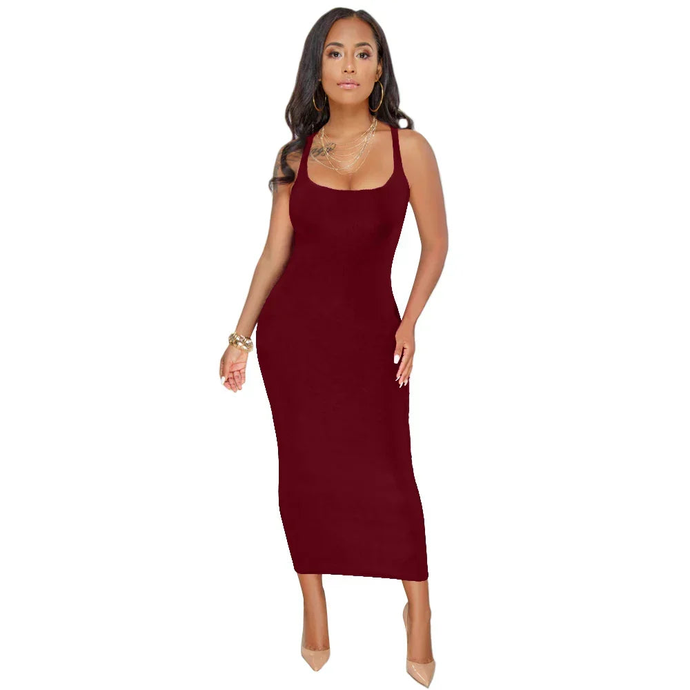 Scoop Neck Wide Strap Sleeveless Column Bodycon Midi Dress