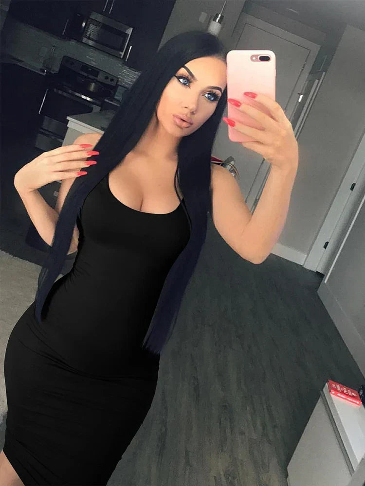 Scoop Neck Wide Strap Sleeveless Column Bodycon Midi Dress
