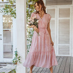 Ditsy Print Wrap V-Neck Flutter Sleeve Tie Waist Tiered Ruffle Maxi Dress