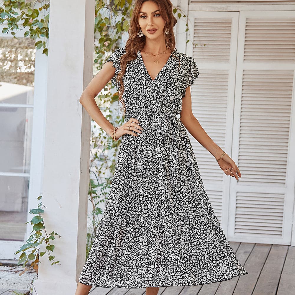 Ditsy Print Wrap V-Neck Flutter Sleeve Tie Waist Tiered Ruffle Maxi Dress