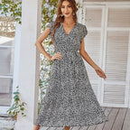Ditsy Print Wrap V-Neck Flutter Sleeve Tie Waist Tiered Ruffle Maxi Dress