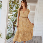 Ditsy Print Wrap V-Neck Flutter Sleeve Tie Waist Tiered Ruffle Maxi Dress