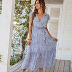 Ditsy Print Wrap V-Neck Flutter Sleeve Tie Waist Tiered Ruffle Maxi Dress