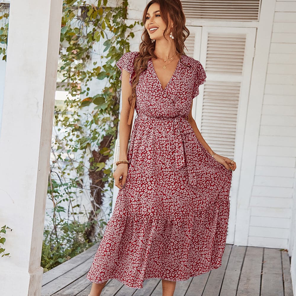 Ditsy Print Wrap V-Neck Flutter Sleeve Tie Waist Tiered Ruffle Maxi Dress