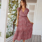 Ditsy Print Wrap V-Neck Flutter Sleeve Tie Waist Tiered Ruffle Maxi Dress