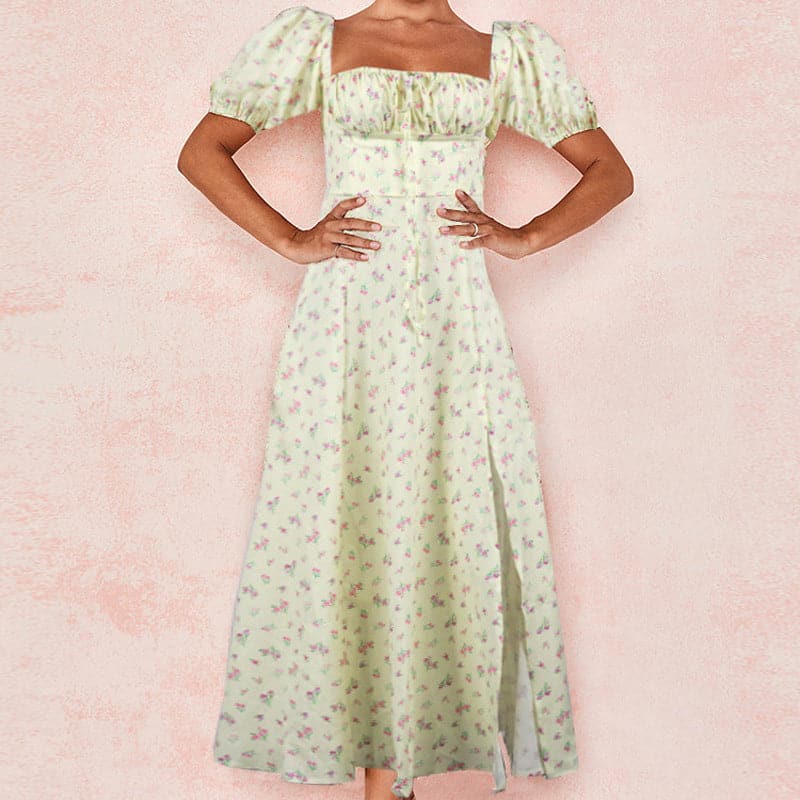 Floral Print Puff Sleeve Square Neck Tie Front Corset High Slit Maxi Dress