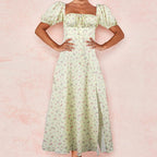 Floral Print Puff Sleeve Square Neck Tie Front Corset High Slit Maxi Dress