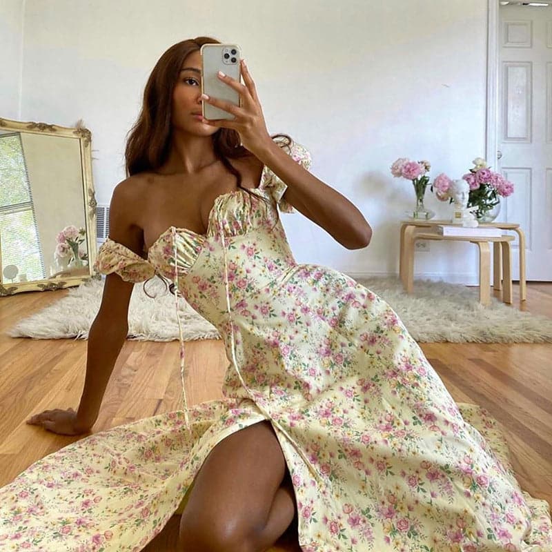 Floral Print Puff Sleeve Square Neck Tie Front Corset High Slit Maxi Dress