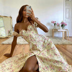 Floral Print Puff Sleeve Square Neck Tie Front Corset High Slit Maxi Dress